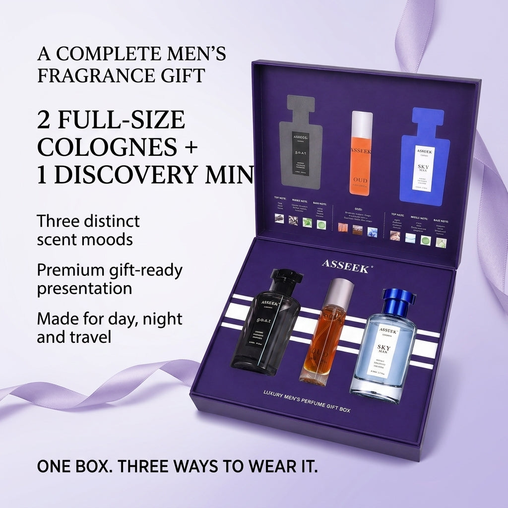 [ASSEEK] Men’s Modern Charm Collection | 2 Full-Size 80ml Colognes + 1 OUD Discovery Mini, Three Distinct Scents for Dates, Parties & Everyday Confidence