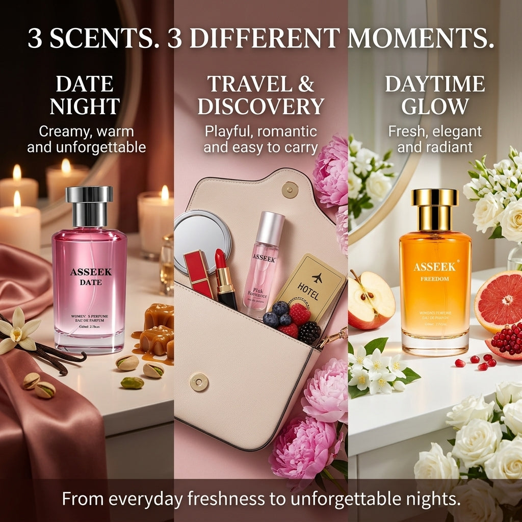 [ASSEEK] Women’s Romantic Fragrance Collection | Women’s Fragrance Gift Set | 2 Full-Size 2.7oz EDPs + 1 Discovery Mini, Fruity Floral & Amber Gourmand Scents, Long-Lasting for Dates, Everyday Wear & Gifts