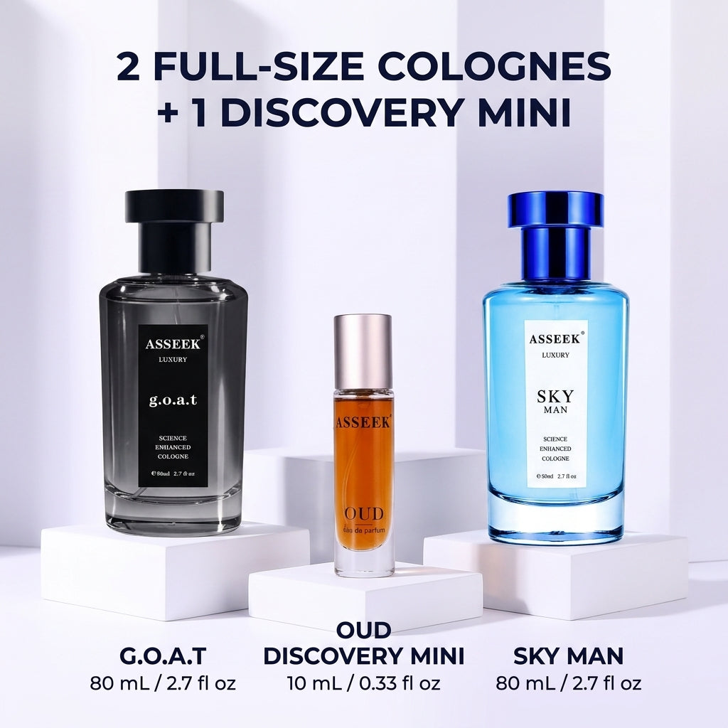 [ASSEEK] Men’s Modern Charm Collection | 2 Full-Size 80ml Colognes + 1 OUD Discovery Mini, Three Distinct Scents for Dates, Parties & Everyday Confidence