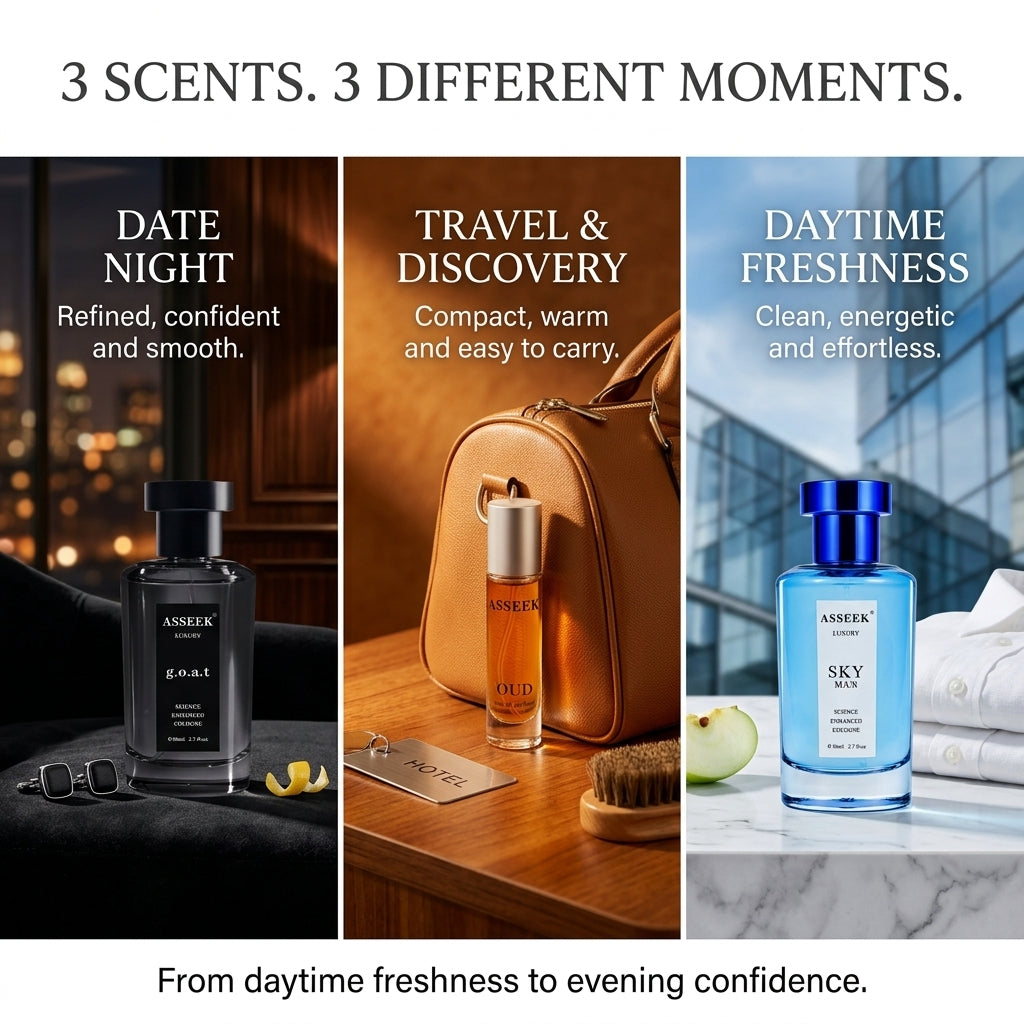 [ASSEEK] Men’s Modern Charm Collection | 2 Full-Size 80ml Colognes + 1 OUD Discovery Mini, Three Distinct Scents for Dates, Parties & Everyday Confidence
