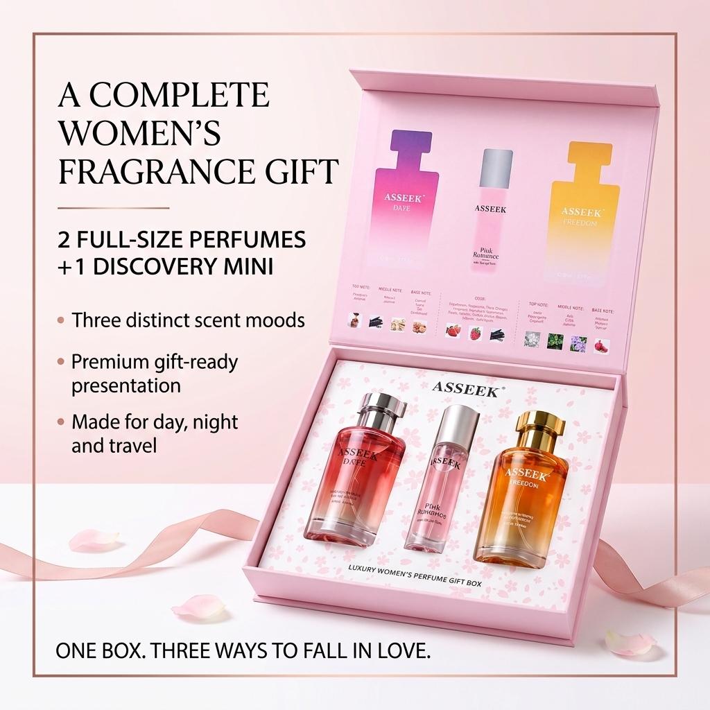 [ASSEEK] Women’s Romantic Fragrance Collection | Women’s Fragrance Gift Set | 2 Full-Size 2.7oz EDPs + 1 Discovery Mini, Fruity Floral & Amber Gourmand Scents, Long-Lasting for Dates, Everyday Wear & Gifts